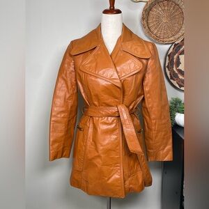 Vintage 70s Orange/Brown Belted Leather Coat Metal Accents on Pockets Size 8